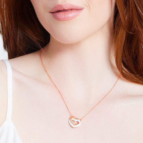 9kt Rose Gold Silver Infused Twin Hearts Necklace with Crystals 45cm