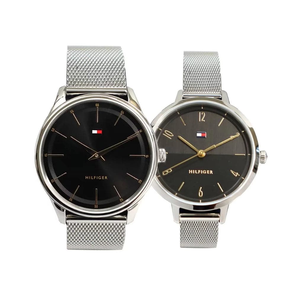 Tommy Hilfiger Black Dial Silver Milanese Strap Unisex Gift Set 1770022
