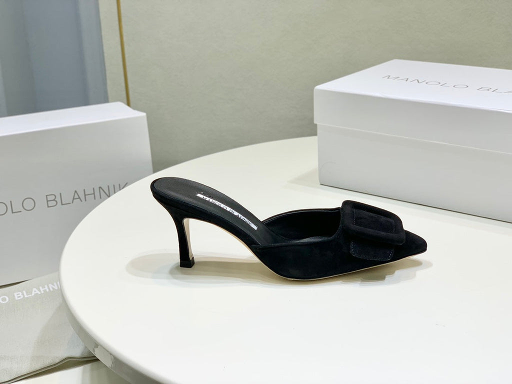 Manolo Mules 7cm Black Suede Leather Bottom 451190