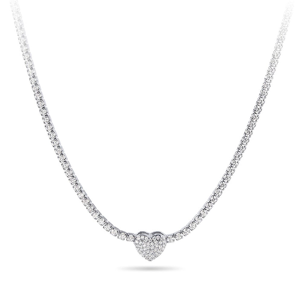 43cm 2mm Width Pave Heart Cubic Zirconia Tennis Necklace in Sterling Silver