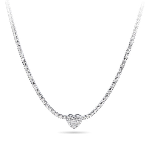 43cm 2mm Width Pave Heart Cubic Zirconia Tennis Necklace in Sterling Silver