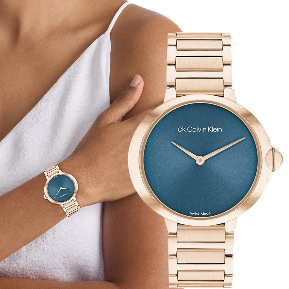 Calvin Klein Blue Dial Rose Gold Stainless Steel Strap Women Watch 25000048