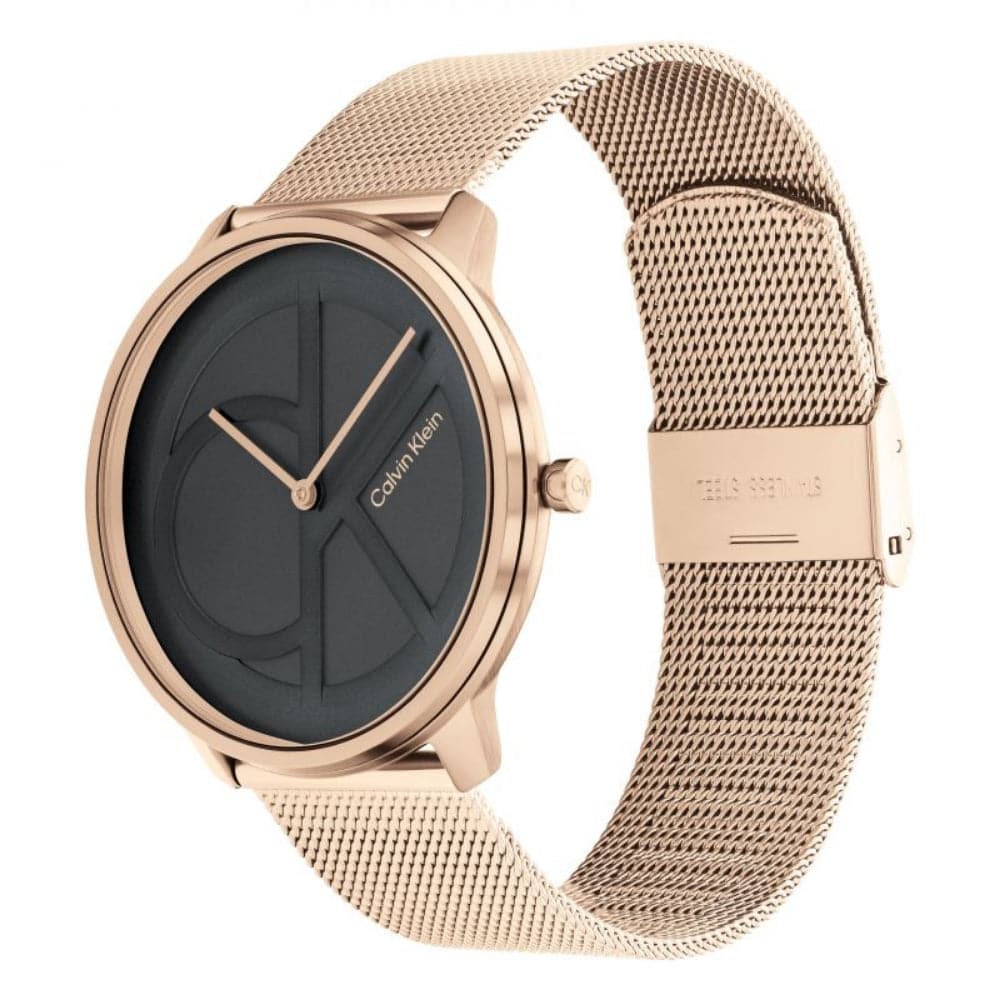 Calvin Klein Iconic Black Dial Rose Gold Milanese Strap Unisex Watch 25200029