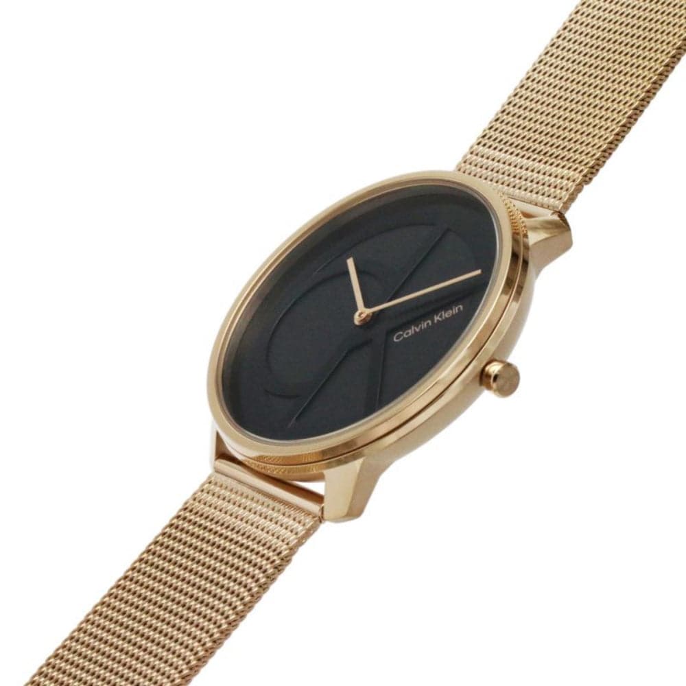 Calvin Klein Iconic Black Dial Rose Gold Milanese Strap Unisex Watch 25200029