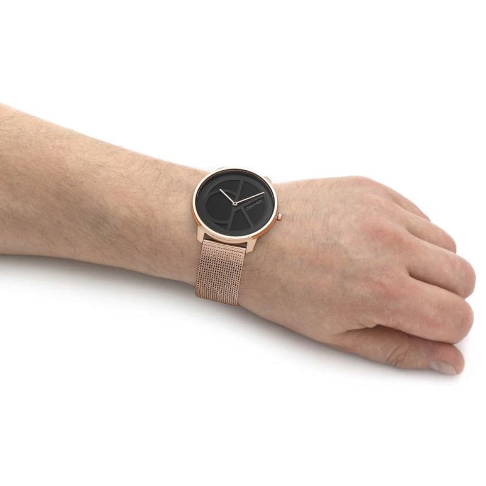 Calvin Klein Iconic Black Dial Rose Gold Milanese Strap Unisex Watch 25200029