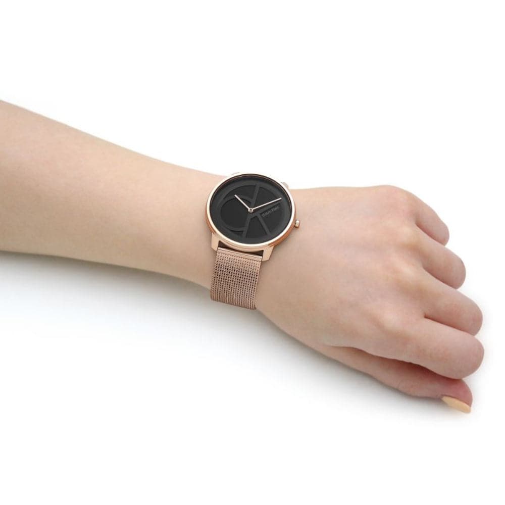 Calvin Klein Iconic Black Dial Rose Gold Milanese Strap Unisex Watch 25200029