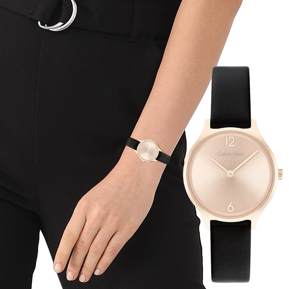 Calvin Klein Rose Gold Dial Black Leather Strap Women Watch 25200060