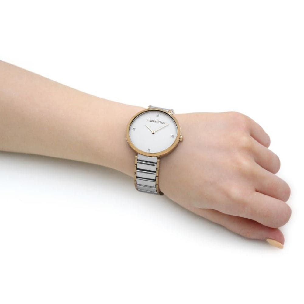 Calvin Klein Minimalistic White Dial Two-Tone Stainless Steel Strap Women Watch 25200134