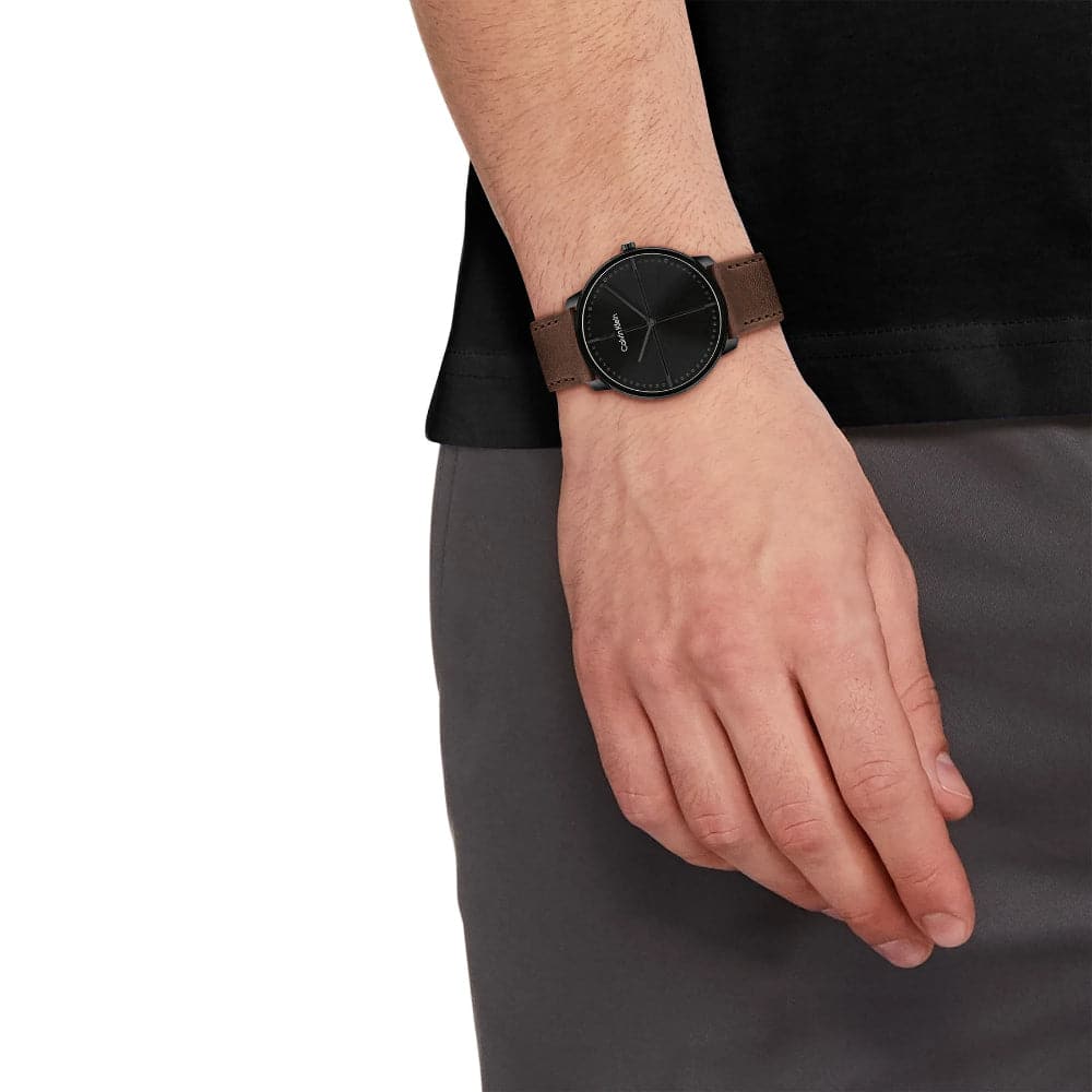 Calvin Klein Black Dial Brown Leather Strap Men Watch 25200155