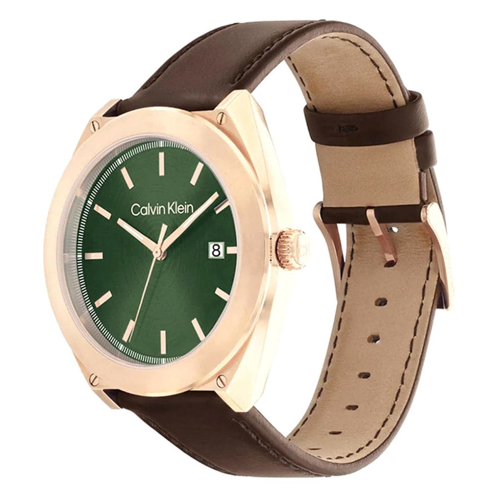 Calvin Klein Green Dial Brown Leather Strap Men Watch 25200202