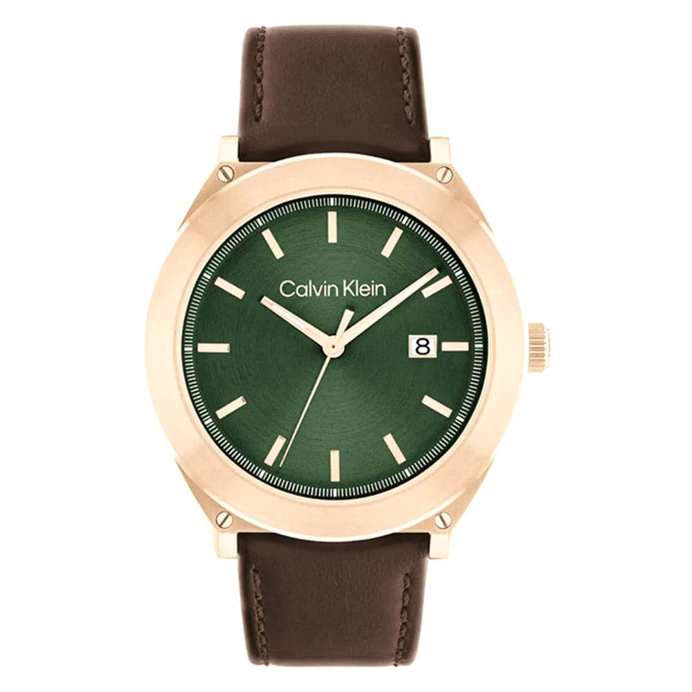 Calvin Klein Green Dial Brown Leather Strap Men Watch 25200202