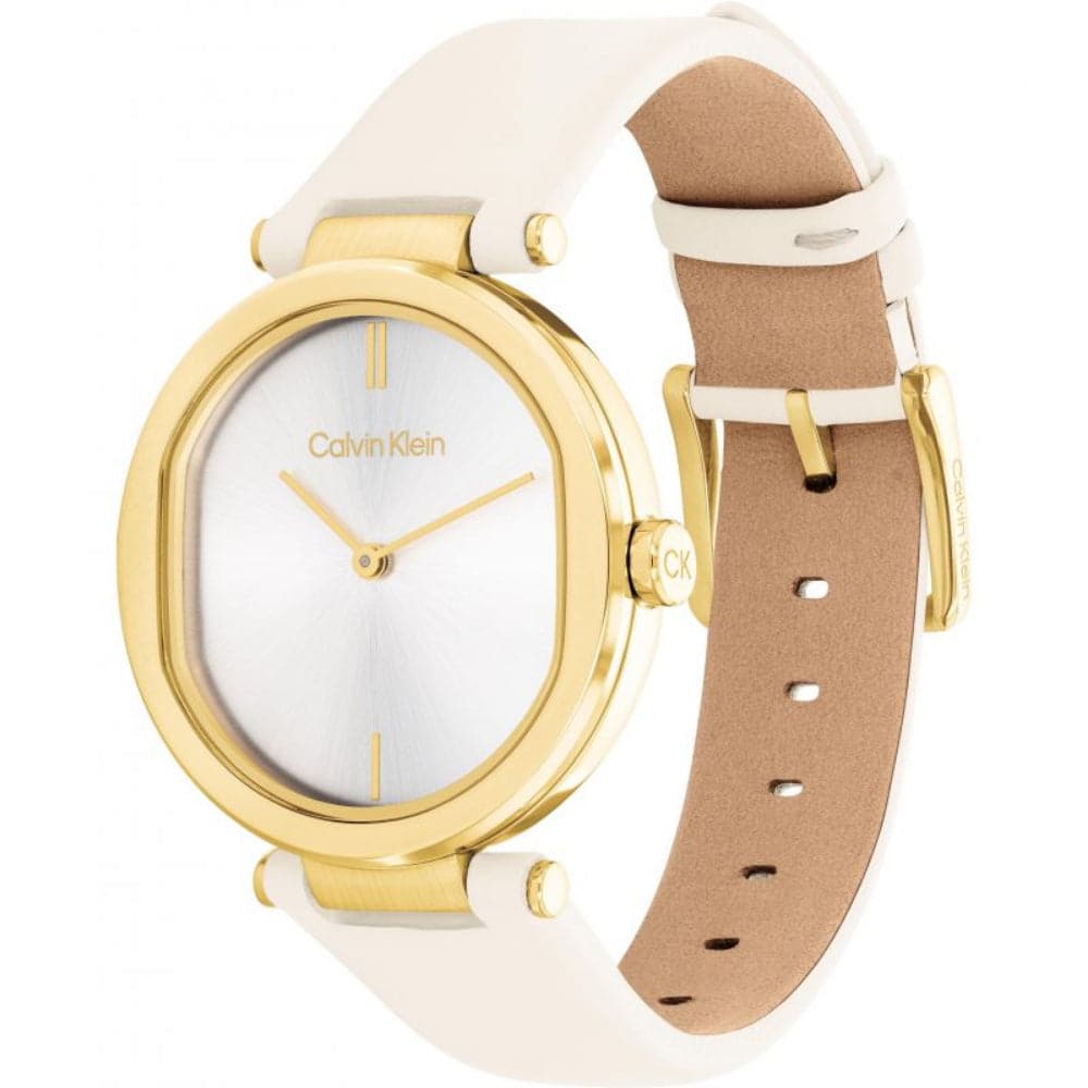 Calvin Klein Silver Dial White Leather Strap Women Watch 25200254