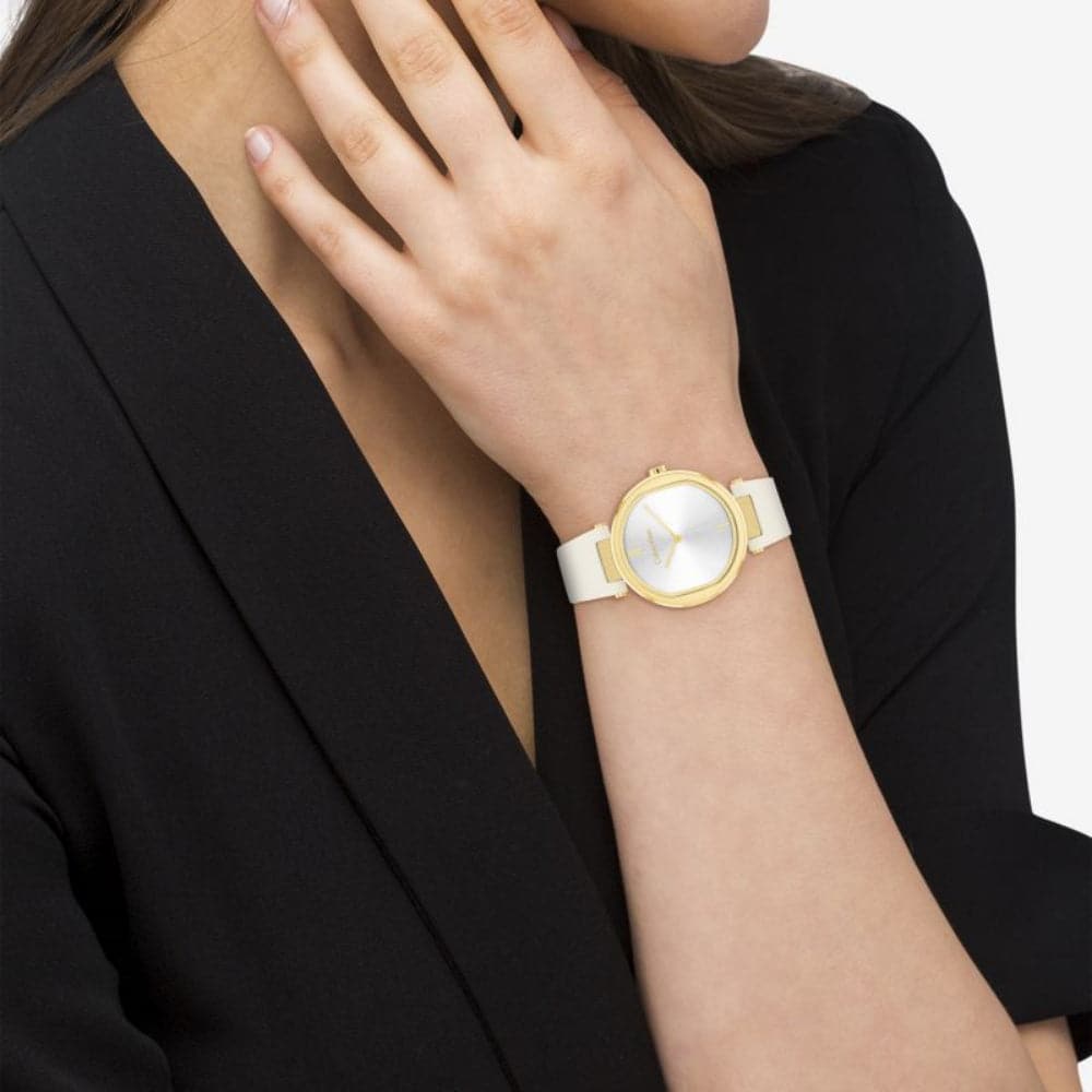 Calvin Klein Silver Dial White Leather Strap Women Watch 25200254