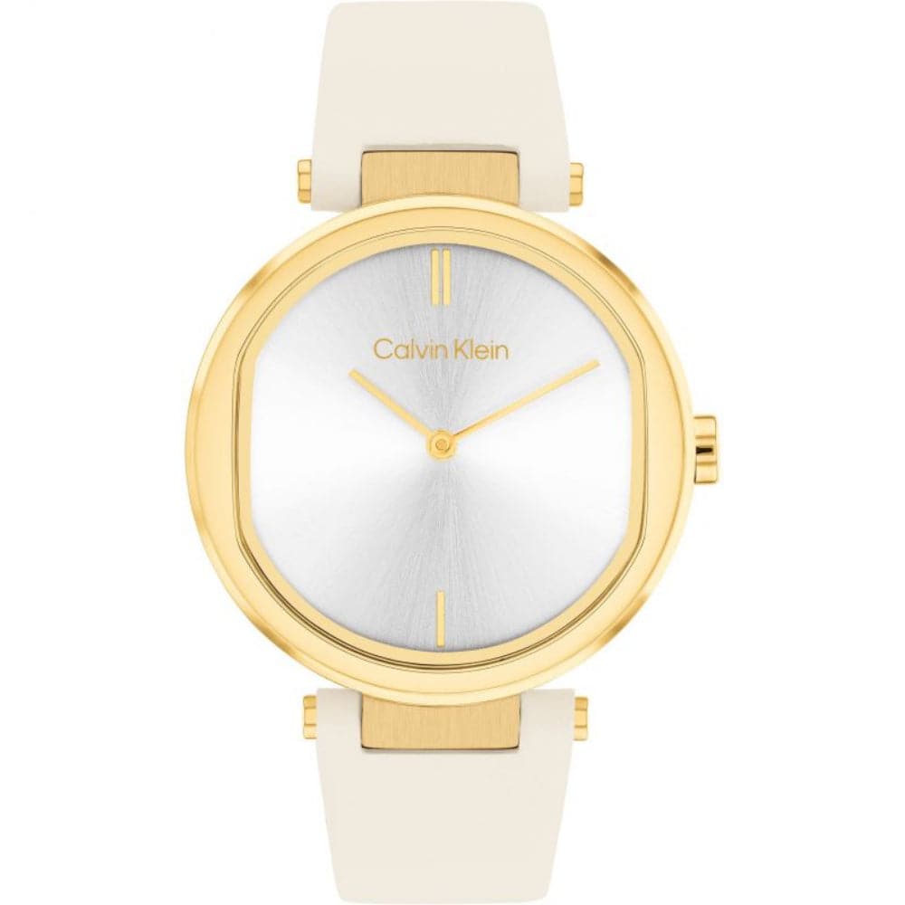 Calvin Klein Silver Dial White Leather Strap Women Watch 25200254