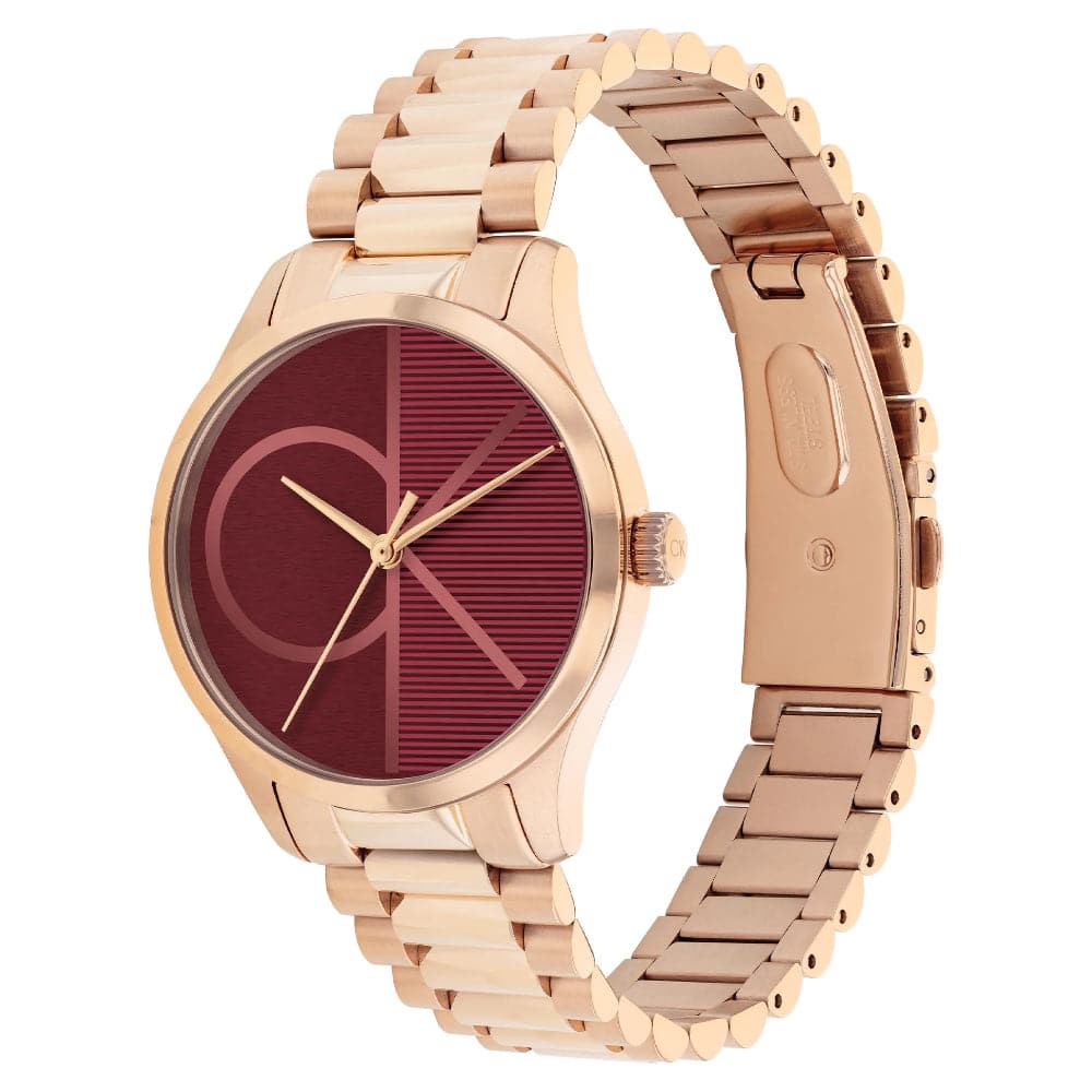 Calvin Klein Red Dial Rose Gold Stainless Steel Strap Women Watch 25200347