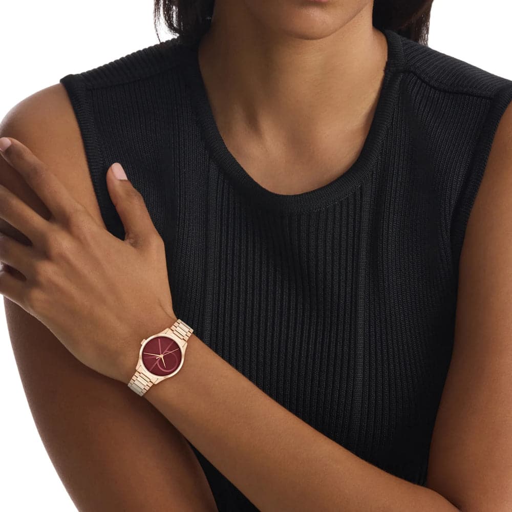 Calvin Klein Red Dial Rose Gold Stainless Steel Strap Women Watch 25200347