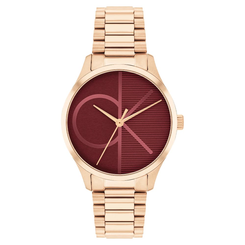 Calvin Klein Red Dial Rose Gold Stainless Steel Strap Women Watch 25200347