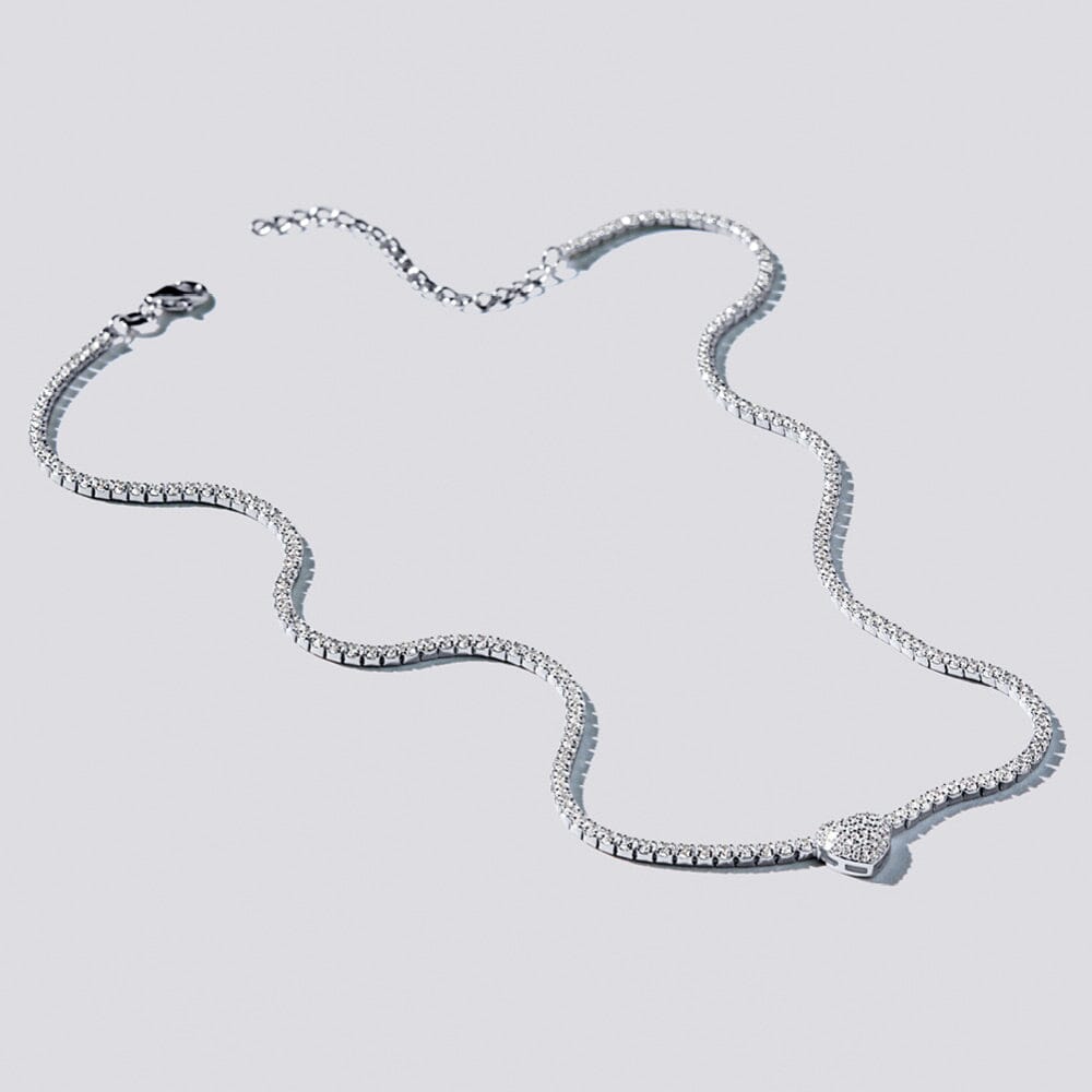 43cm 2mm Width Pave Heart Cubic Zirconia Tennis Necklace in Sterling Silver
