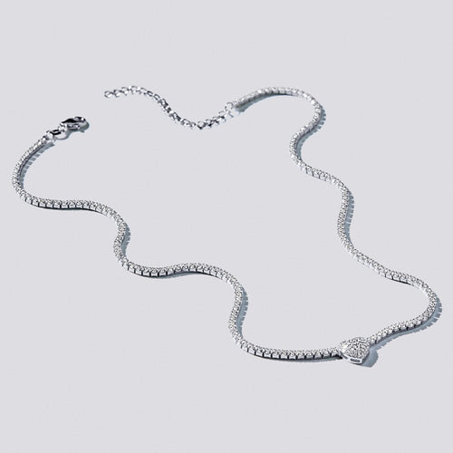 43cm 2mm Width Pave Heart Cubic Zirconia Tennis Necklace in Sterling Silver
