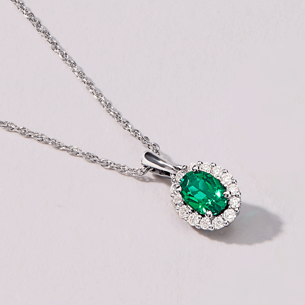 45cm Created Emerald Necklace with 0.13tw of Laboratory-Grown Diamonds in Rhodium Plated Sterling Silver