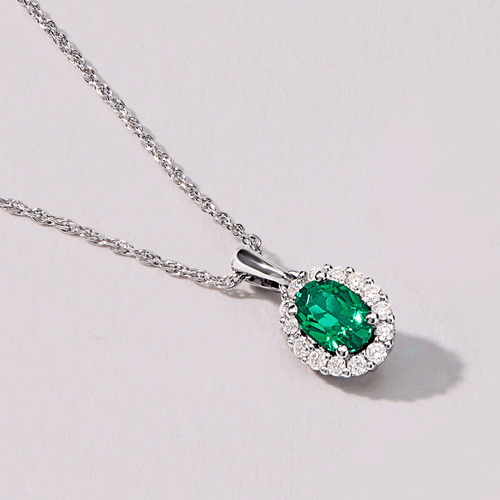 45cm Created Emerald Necklace with 0.13tw of Laboratory-Grown Diamonds in Rhodium Plated Sterling Silver