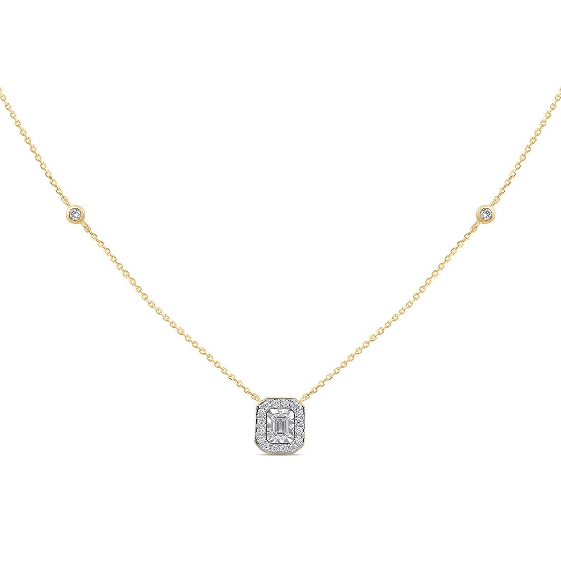 Meera Emerald Halo Station Necklace with 0.25tw of Laboratory-Grown Diamonds in 9kt Yellow Gold