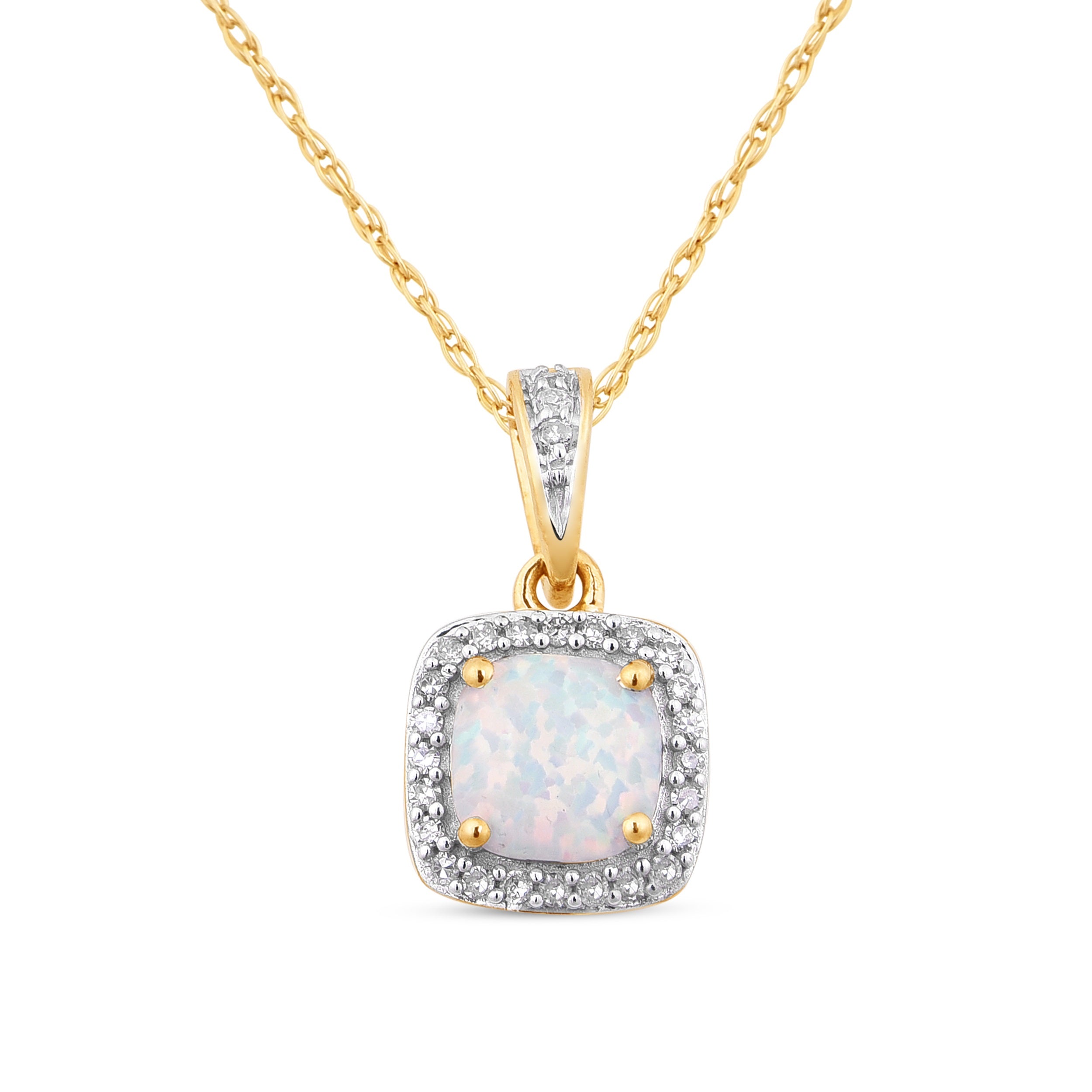 45cm Created Opal and Diamond Cushion Shape Halo Necklace in 9kt Yellow Gold