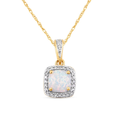 45cm Created Opal and Diamond Cushion Shape Halo Necklace in 9kt Yellow Gold