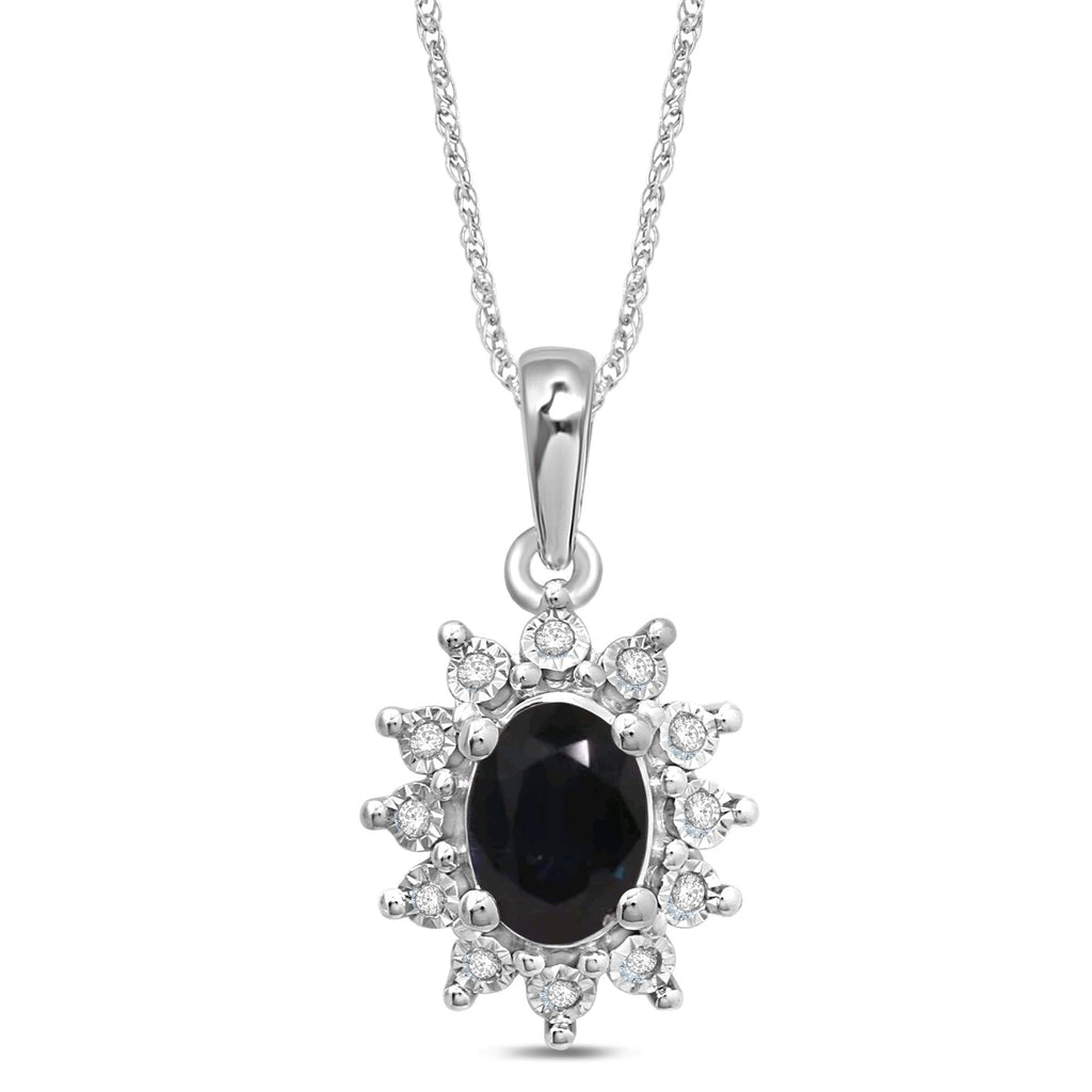 45cm Oval Created Sapphire Halo Necklace with 0.05tw of Diamonds in Sterling Silver