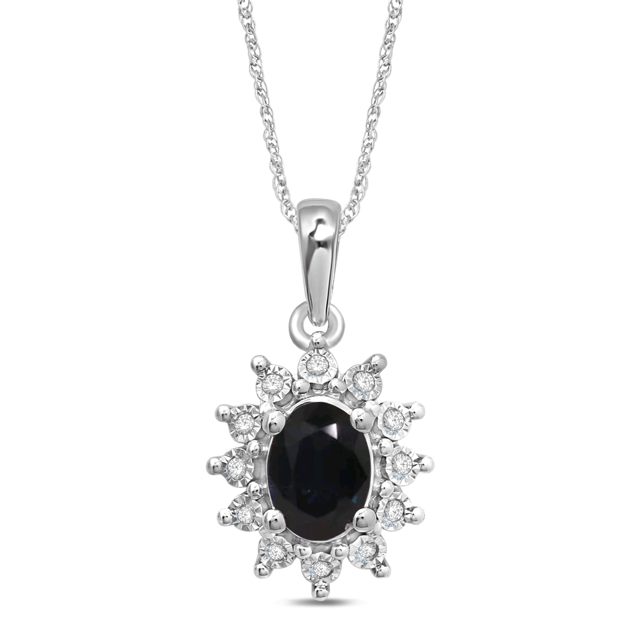 45cm Oval Created Sapphire Halo Necklace with 0.05tw of Diamonds in Sterling Silver