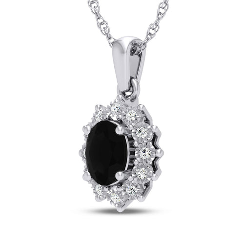 45cm Oval Created Sapphire Halo Necklace with 0.05tw of Diamonds in Sterling Silver