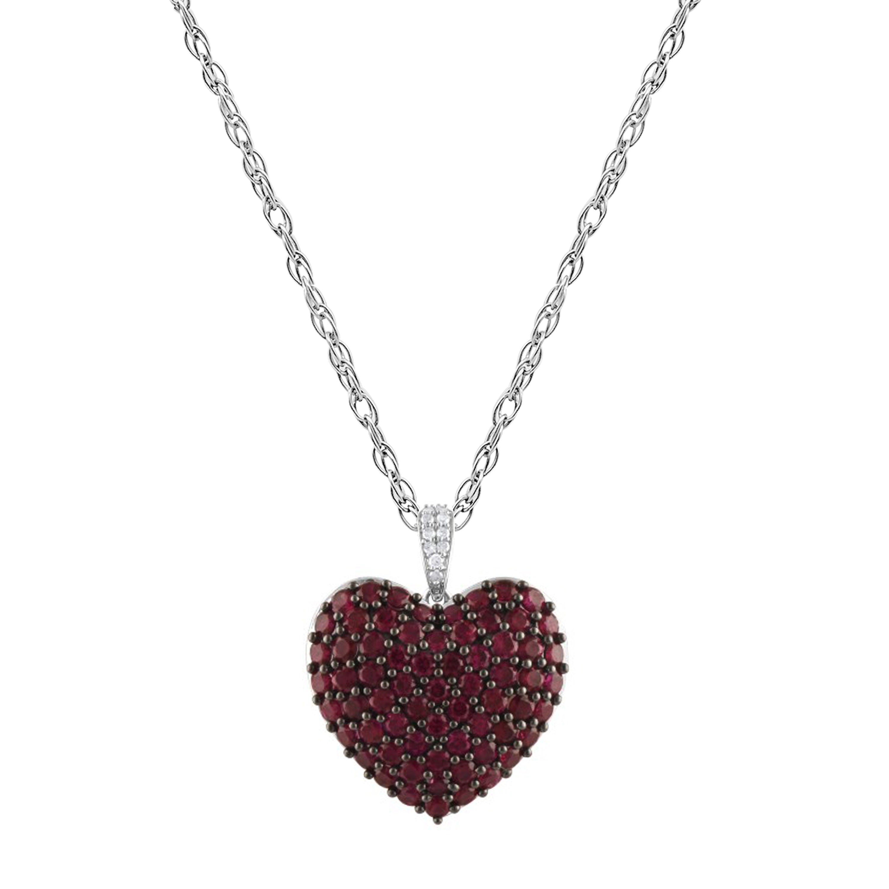45cm Created Ruby and Diamond Heart Pendant Necklace in Sterling Silver