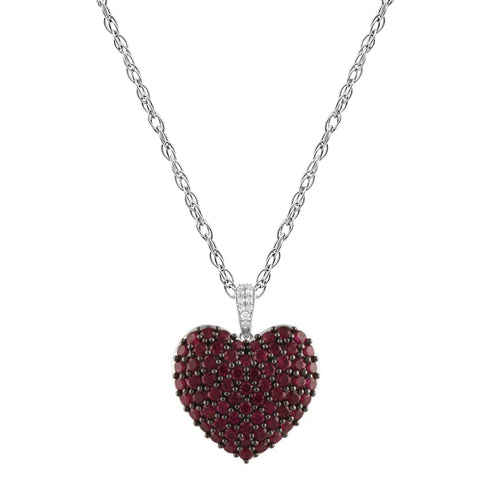 45cm Created Ruby and Diamond Heart Pendant Necklace in Sterling Silver
