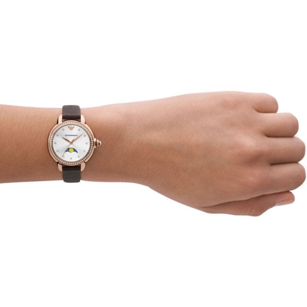 Emporio Armani White Dial Brown Leather Strap Women Watch AR11568