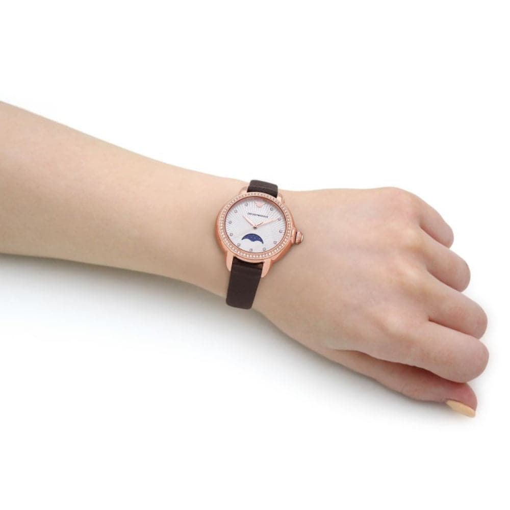 Emporio Armani White Dial Brown Leather Strap Women Watch AR11568