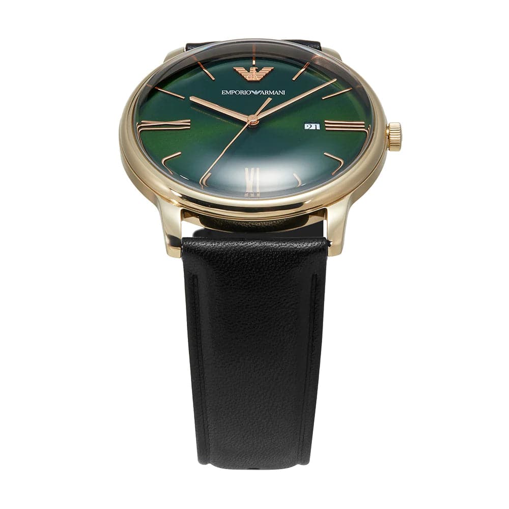 Emporio Armani Green Dial Black Leather Strap Men Watch AR11601