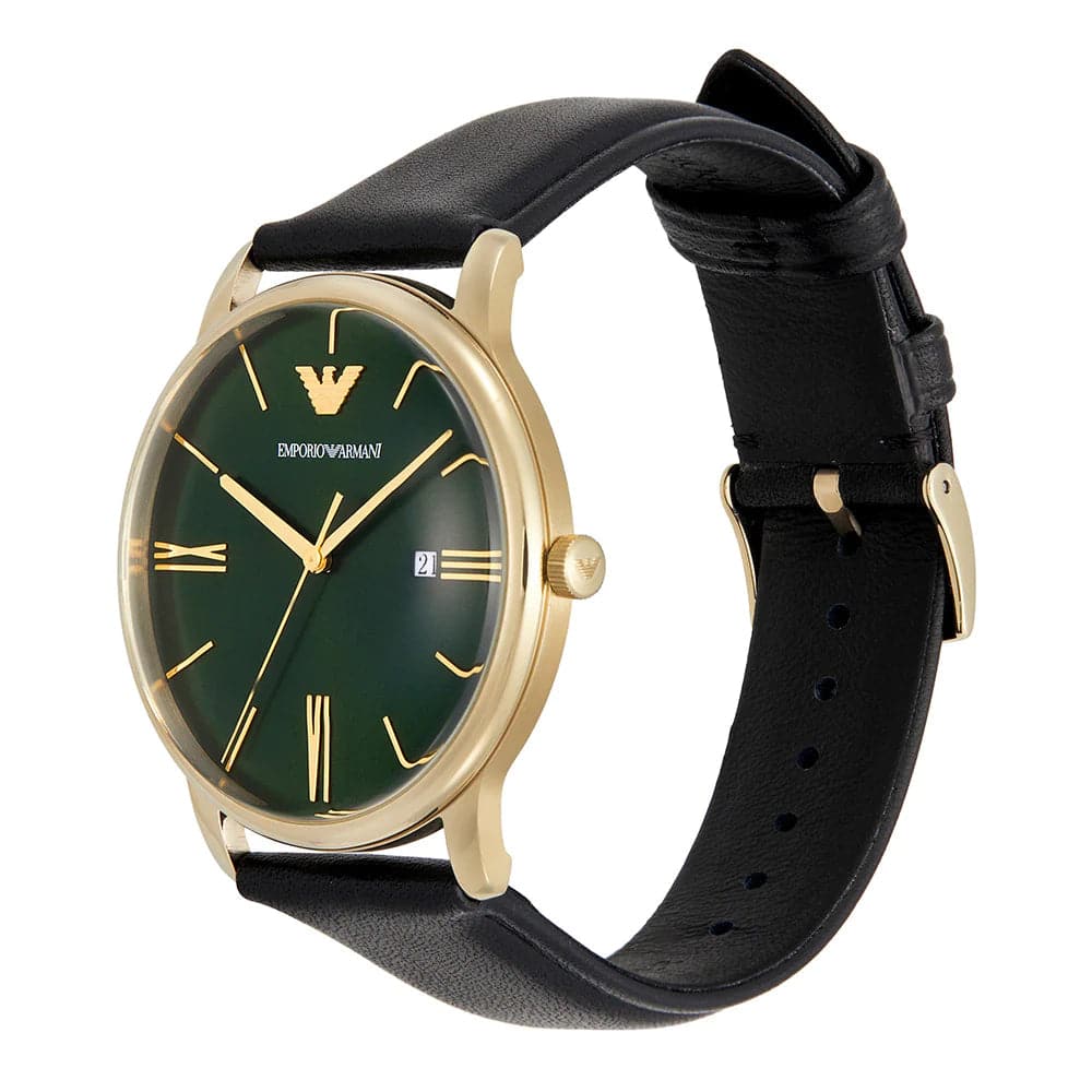 Emporio Armani Green Dial Black Leather Strap Men Watch AR11601