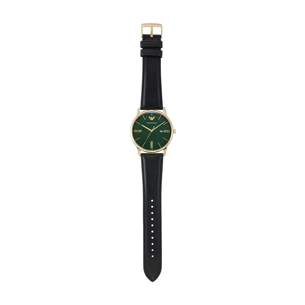 Emporio Armani Green Dial Black Leather Strap Men Watch AR11601