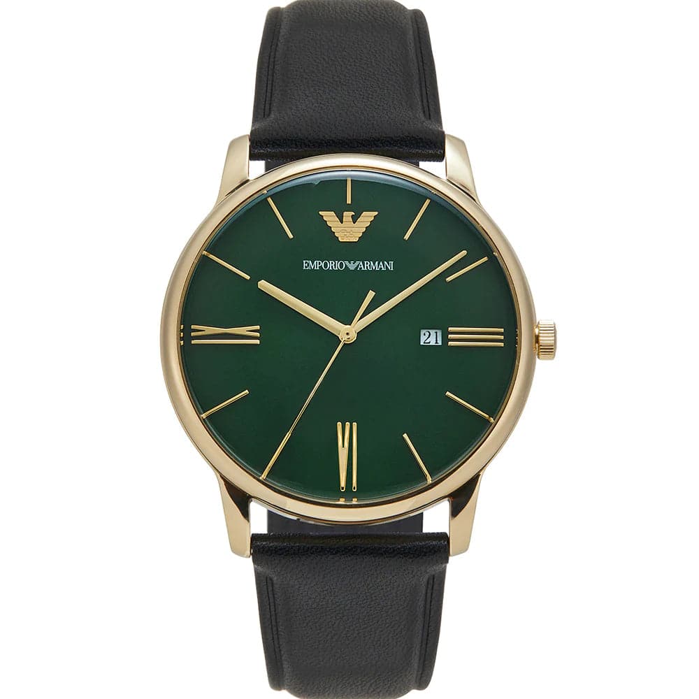 Emporio Armani Green Dial Black Leather Strap Men Watch AR11601