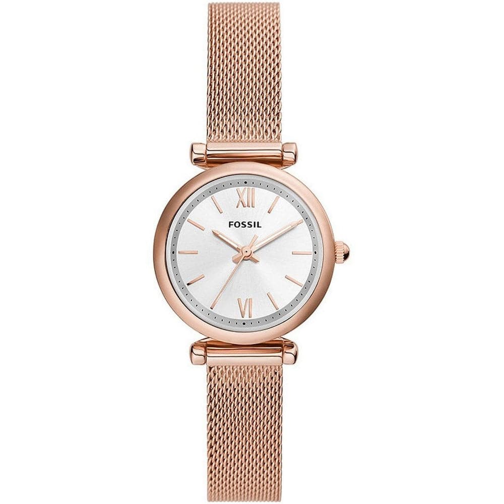 Fossil Carlie Silver Dial Rose Gold Milanese Strap Women Watch ES5314SET
