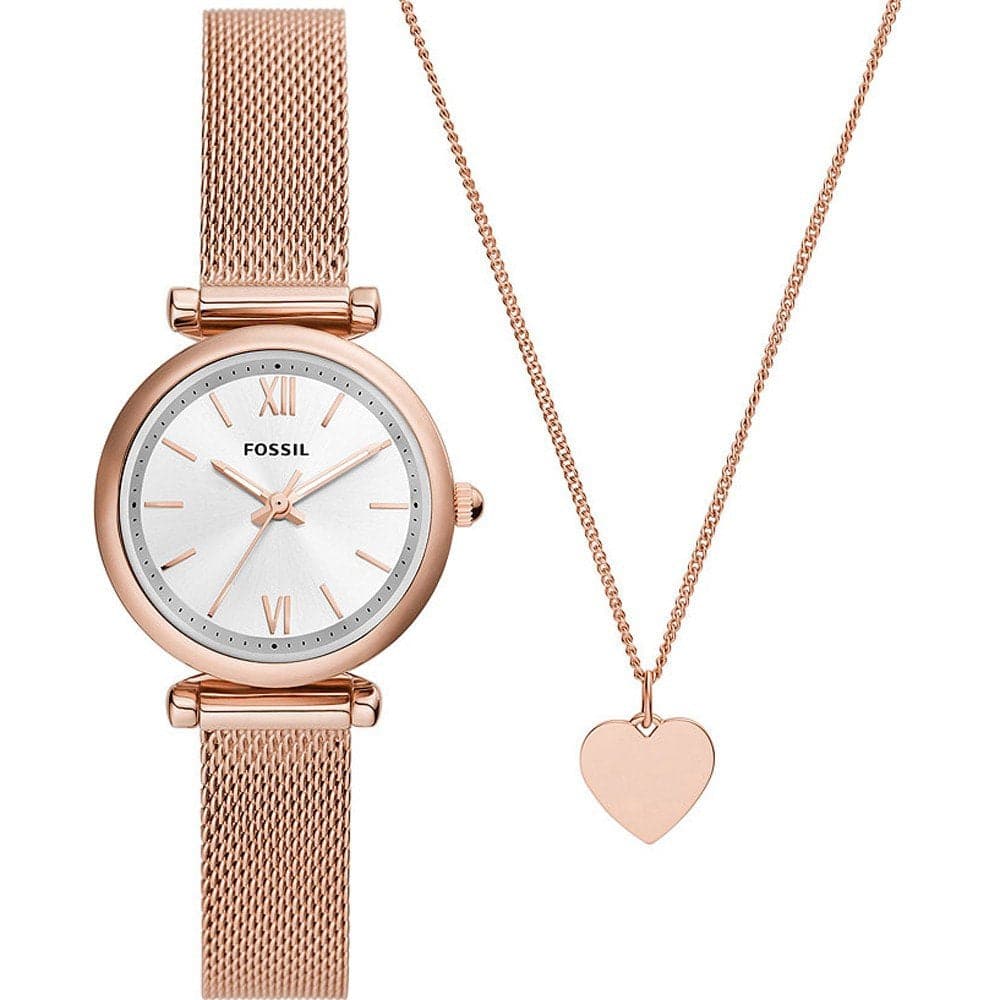 Fossil Carlie Silver Dial Rose Gold Milanese Strap Women Watch ES5314SET