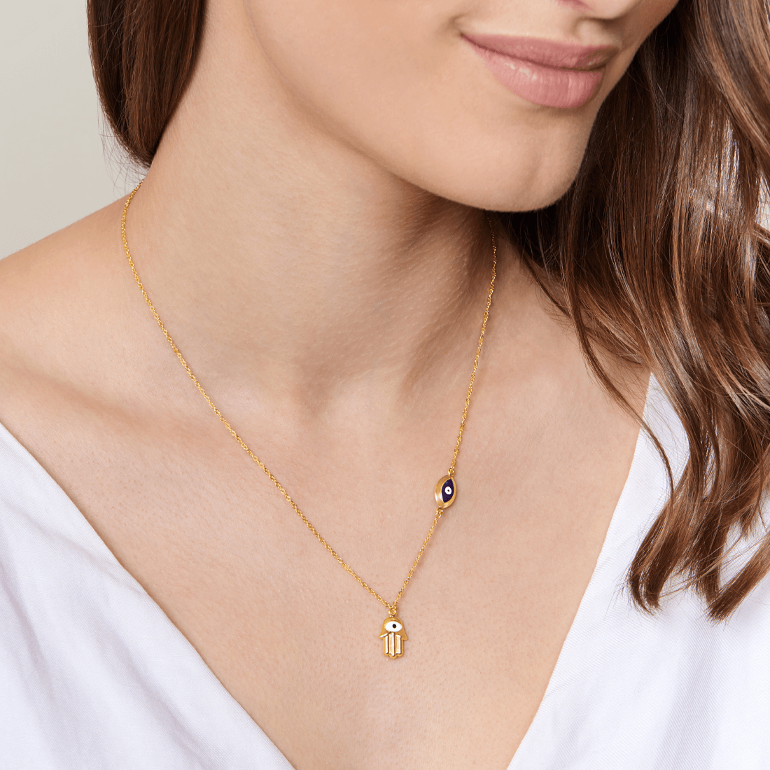 45cm Hamsa Pendant Necklace with Evil Eye Charm in 9kt Yellow Bonded Gold