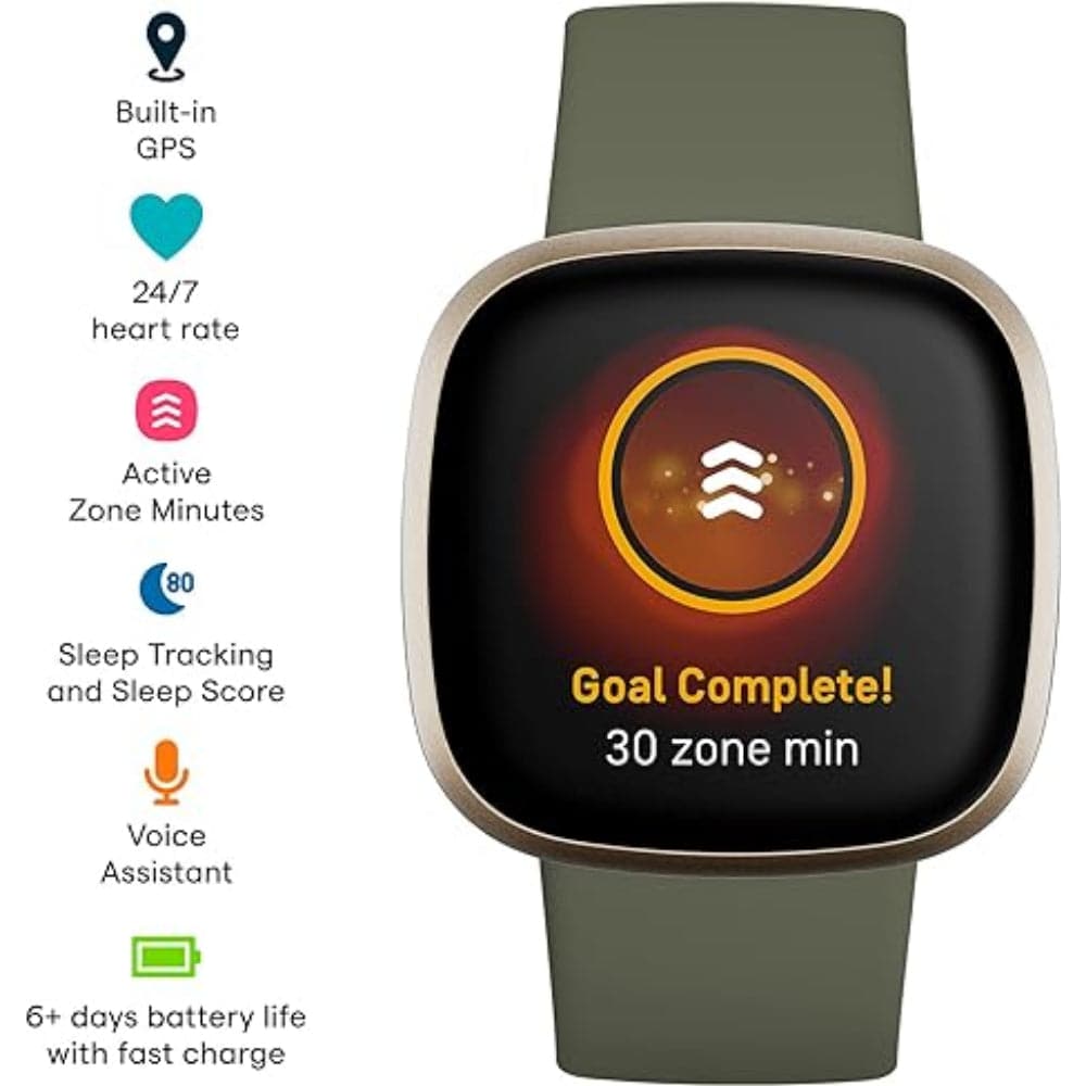 Fitbit Versa 3 Soft Gold/Olive Silicone Strap Unisex Smartwatch FB511GLOL