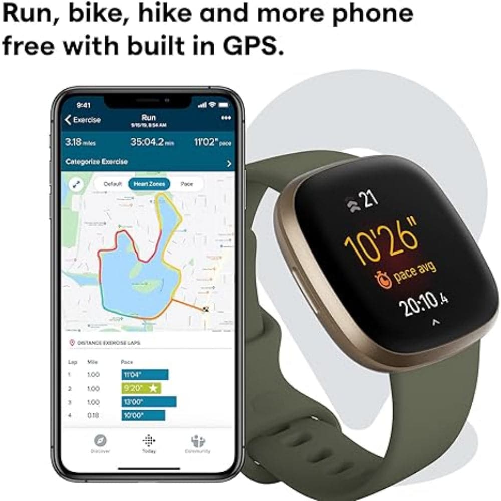 Fitbit Versa 3 Soft Gold/Olive Silicone Strap Unisex Smartwatch FB511GLOL