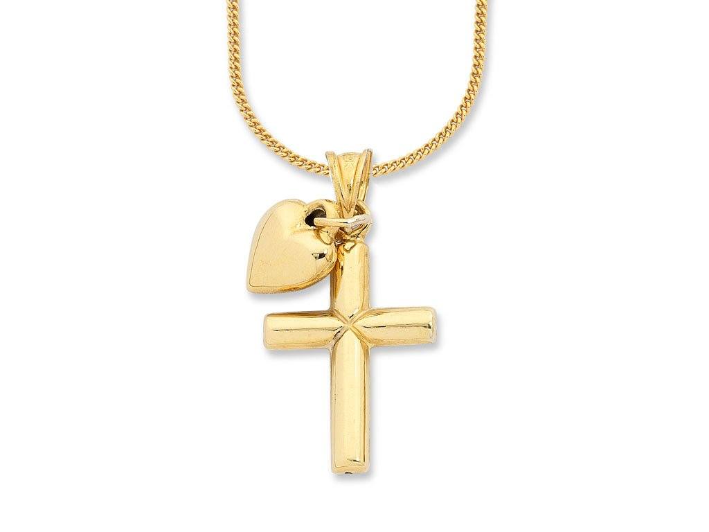 45cm Cross and Heart Pendant Necklace in 9kt Yellow Bonded Gold