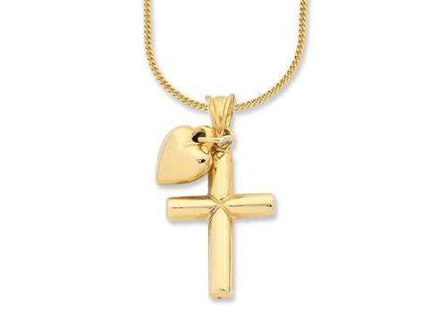 45cm Cross and Heart Pendant Necklace in 9kt Yellow Bonded Gold
