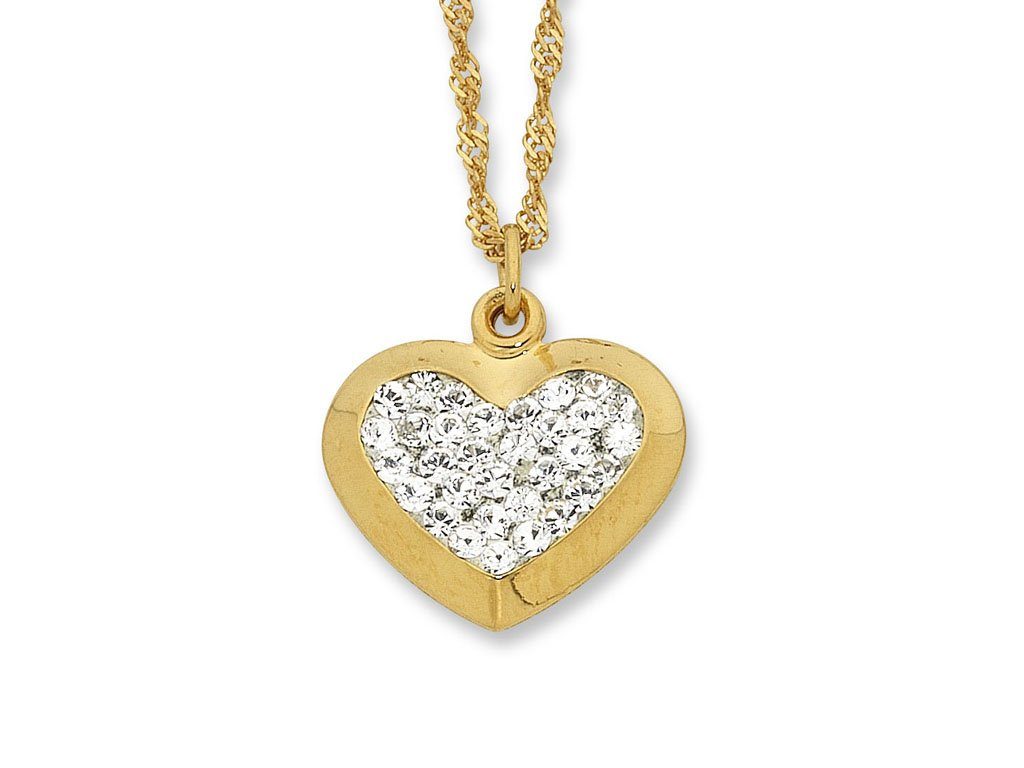 9kt Yellow Gold Silver Infused Crystal Heart Necklace 45cm