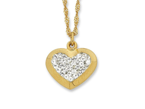 9kt Yellow Gold Silver Infused Crystal Heart Necklace 45cm