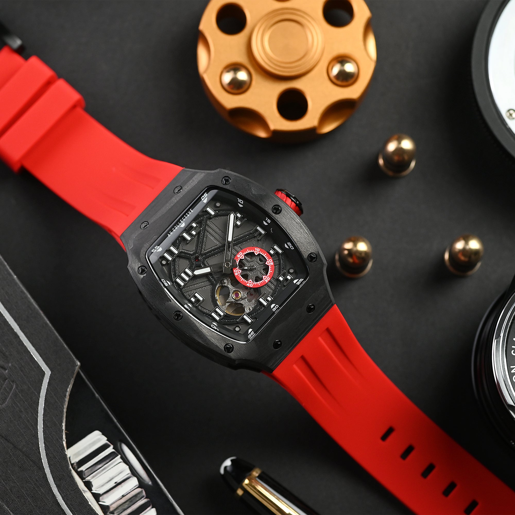 AG Collective Black Dial Red Silicone Strap Men Watch G 8047 BK-BKR