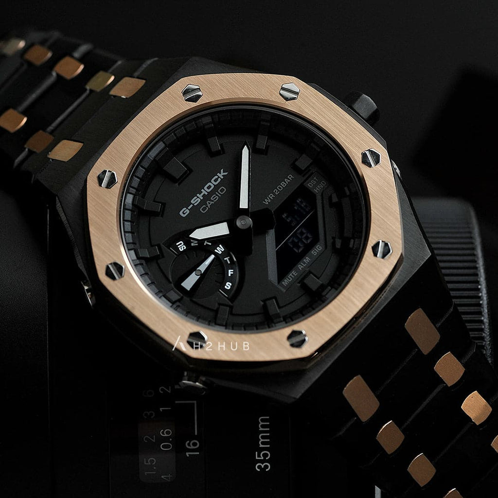 Casio Mod G-Shock Black Two-Tone Stainless Steel Strap Men Watch GA-2100-7ADR-M1